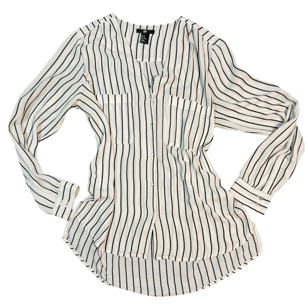H&M Striped Blouse Womens Size 10 White Black V-Neck Roll Tab Sleeve Button Down - Picture 8 of 14